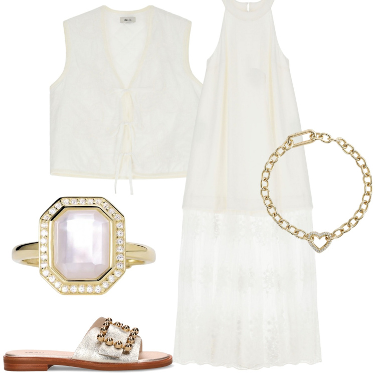 Outfit donna - Bianco assoluto. Stile Chic per Serata fuori. Abbinamento con anelli, braccialetti, vestiti lunghi, gilet, ciabatte.