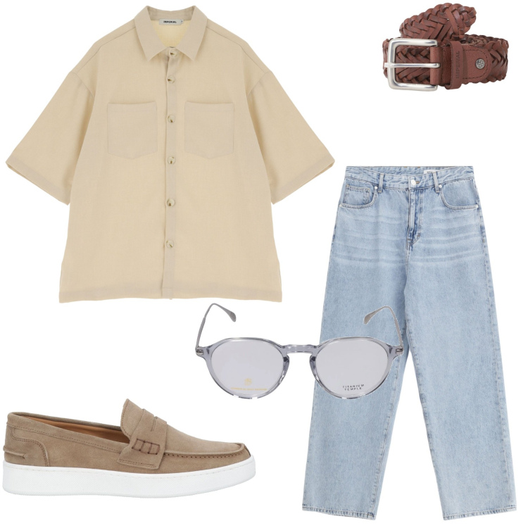 Outfit uomo - Camicia a maniche corte. Stile Casual per Tutti i giorni. Abbinamento con scarpe stringate, jeans, cinture, camicie a manica corta, occhiali da sole.