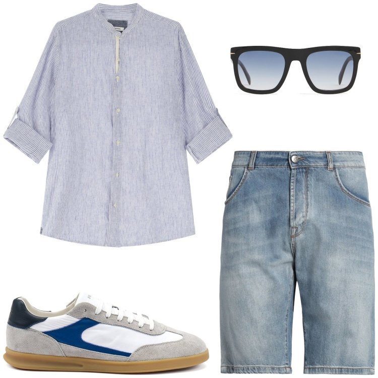 Outfit uomo - Week end in città. Stile Casual per Tutti i giorni. Abbinamento con shorts, camicie, occhiali da sole, sneakers.