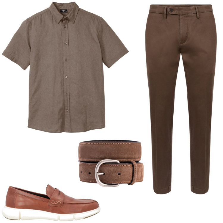 Outfit uomo - Camicia a maniche corte. Stile Casual per Ufficio. Abbinamento con camicie a manica corta, scarpe stringate, pantaloni chino, cinture.