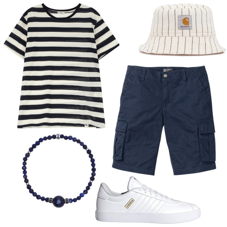 Outfit uomo - Slile caostal. Stile Casual per Mare. Abbinamento con bermuda, braccialetti, t-shirt, cappelli, sneakers.