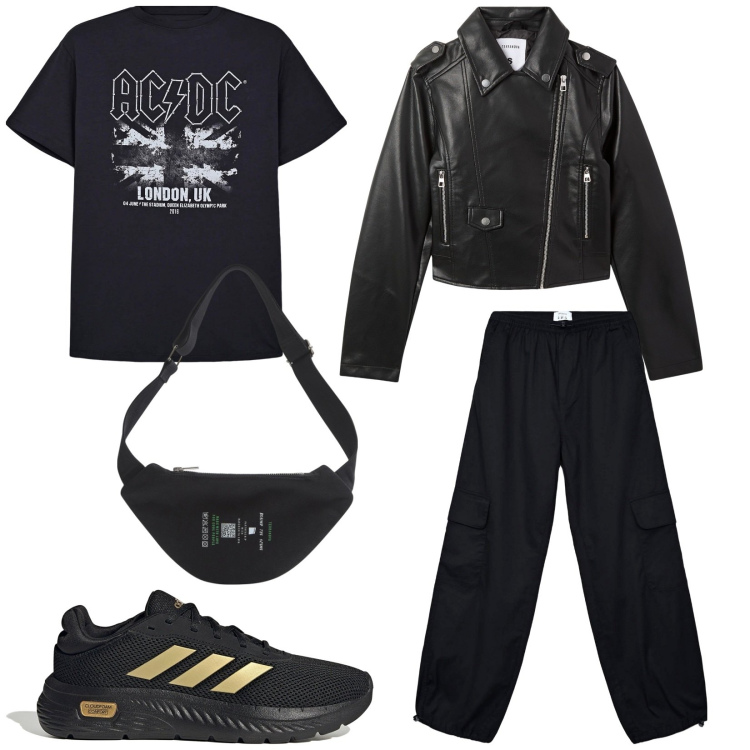 Outfit donna - Concerti a maggio. Stile Urban per Serata fuori. Abbinamento con t-shirt, marsupi, giacche, pantaloni cargo, sneakers.