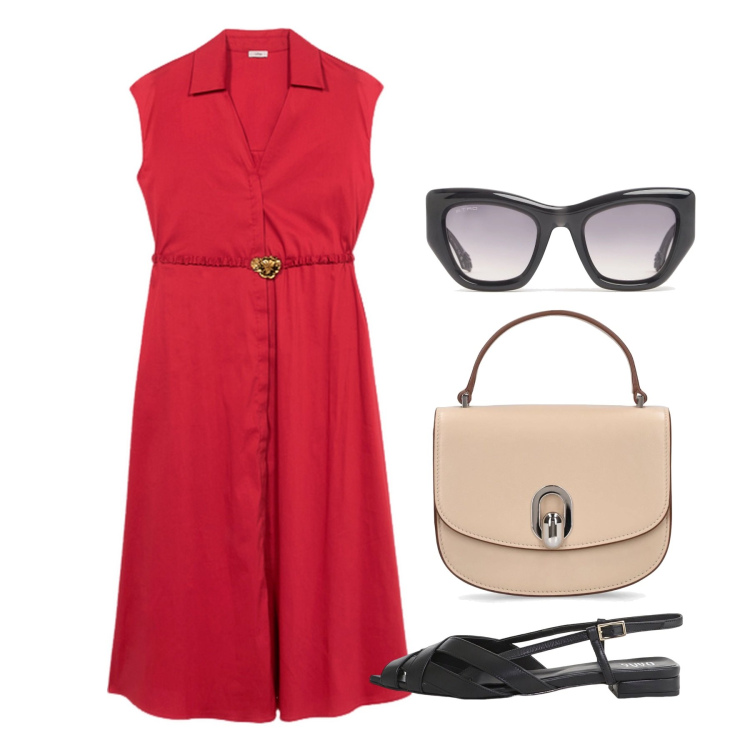 Outfit donna - Pranzo di lavoro. Stile Chic per Tutti i giorni. Abbinamento con sandali, vestiti chemisier, occhiali da sole, borse a mano.
