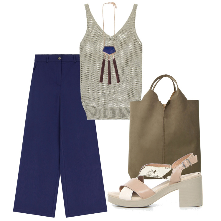 Outfit donna - Minimal. Stile Minimal per Tutti i giorni. Abbinamento con pantaloni, shopping bag, canottiere, ciondoli, sandali col tacco.