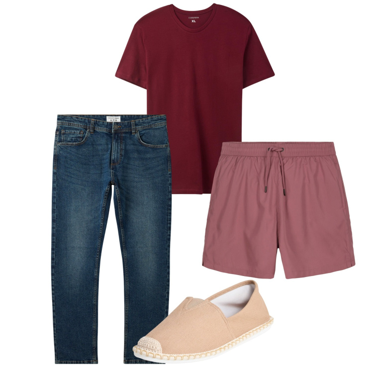 Outfit uomo - Mare. Stile Casual per Mare. Abbinamento con espadrillas, jeans, t-shirt, costumi.
