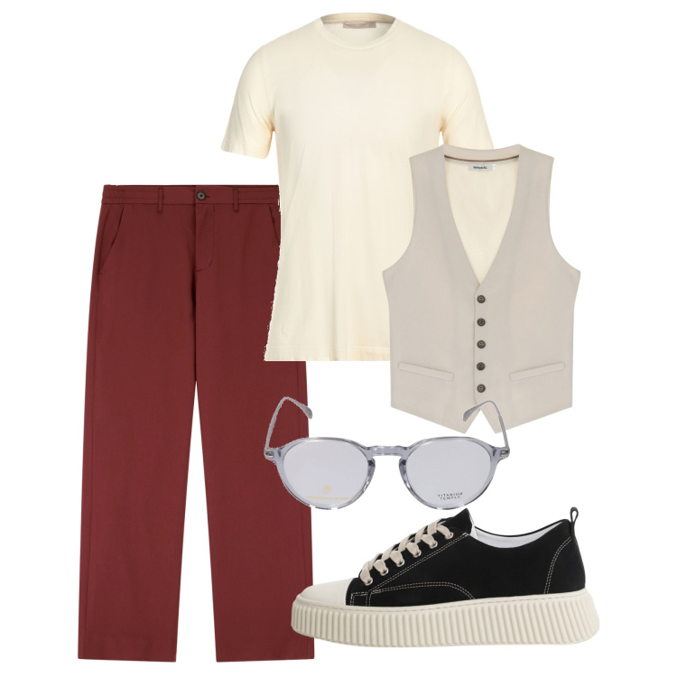 Outfit uomo - Pomeriggio. Stile Casual per Tutti i giorni. Abbinamento con t-shirt, pantaloni, sneakers, gilet, occhiali da sole.