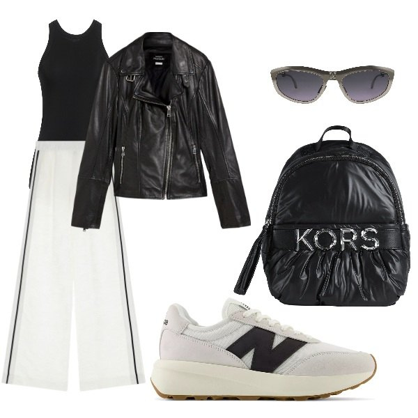 Outfit donna - sporty. Stile Urban per Tutti i giorni. Abbinamento con blazer, zaini, canottiere, occhiali da sole, sneakers, pantaloni a palazzo.