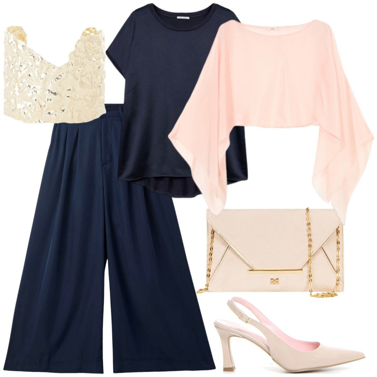 Outfit donna - Seta al tramonto. Stile Casual chic per Serata fuori. Abbinamento con pantaloni, pochette, braccialetti, t-shirt, bolero, décolleté.