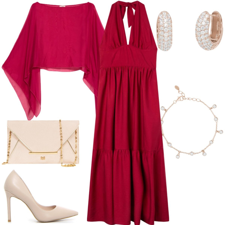 Outfit donna - Serata fuori. Stile Chic per Serata fuori. Abbinamento con orecchini, braccialetti, vestiti lunghi, pochette, bolero, décolleté.