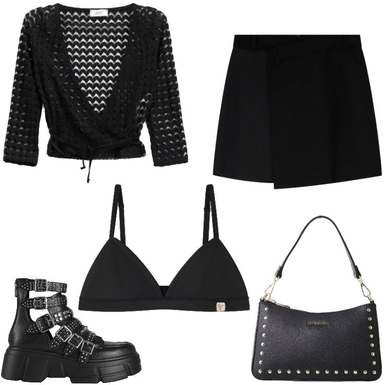 Outfit donna - Dark Night. Stile Rock per Serata fuori. Abbinamento con stivaletti, minigonne, borse a spalla, reggiseni, top.