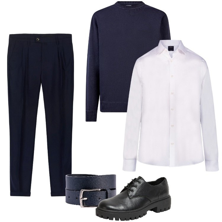 Outfit uomo - Total look #2169353. Stile Business/Elegante per Ufficio. Abbinamento con scarpe stringate, camicie, maglieria, pantaloni, cinture.