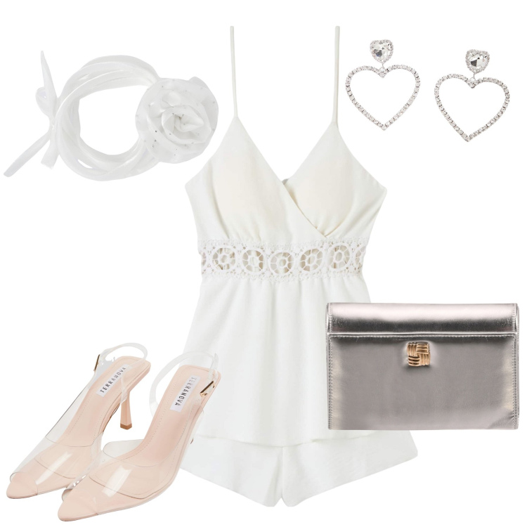 Outfit donna - Disco White party. Stile Glamour per Serata fuori. Abbinamento con tuta corta, sandali col tacco, collane, borse a tracolla, orecchini.