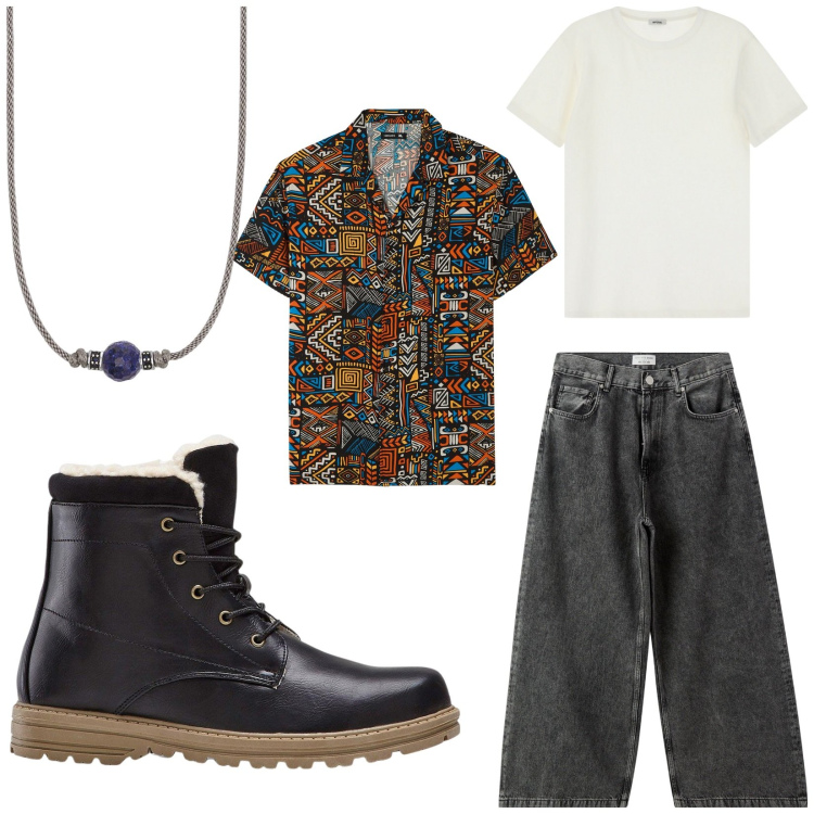 Outfit uomo - Total look #2169359. Abbinamento con stivali e stivaletti, jeans, camicie a manica corta, collane, t-shirt.