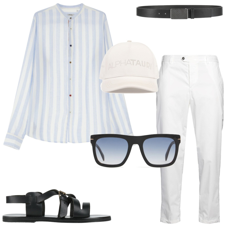 Outfit uomo - Stile coaster. Stile Casual per Mare. Abbinamento con cinture, pantaloni skinny, sandali, camicie, occhiali da sole, cappelli.