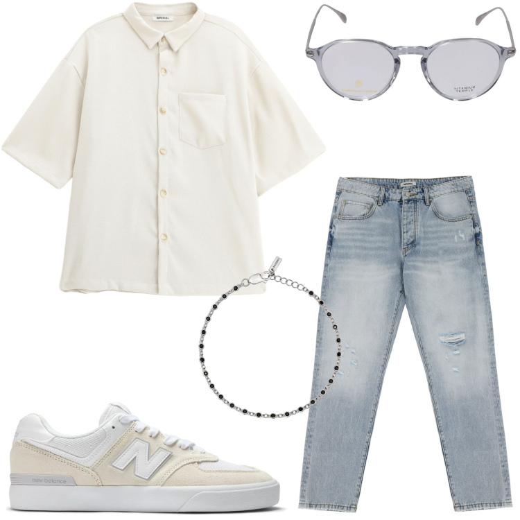 Outfit uomo - Micro accessori. Stile Casual per Tutti i giorni. Abbinamento con braccialetti, sneakers, jeans strappati, camicie a manica corta, occhiali da sole.