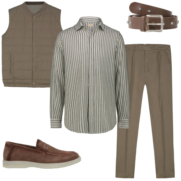 Outfit uomo - Mocha mousse. Stile Casual per Tutti i giorni. Abbinamento con scarpe stringate, cinture, gilet, pantaloni, camicie.