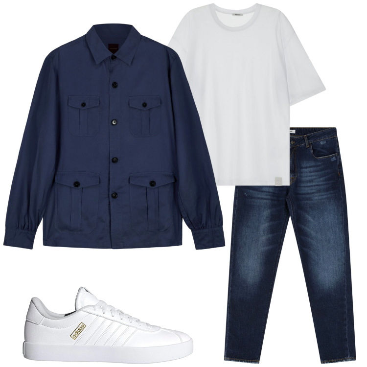 Outfit uomo - In città. Stile Casual per Tutti i giorni. Abbinamento con jeans dritti, t-shirt, cappotti, sneakers.