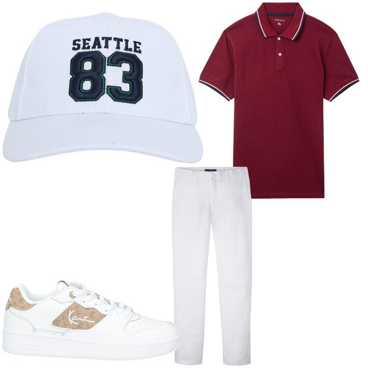 Outfit uomo - Seattle 83. Stile Casual per Tutti i giorni. Abbinamento con pantaloni, sneakers, cappelli, polo.
