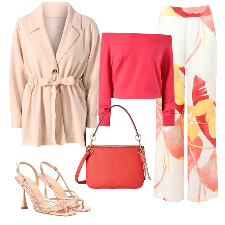 Outfit donna - Total look #2169377. Stile Chic per Serata fuori. Abbinamento con pantaloni, blazer, maglieria, borse a tracolla, sandali col tacco.