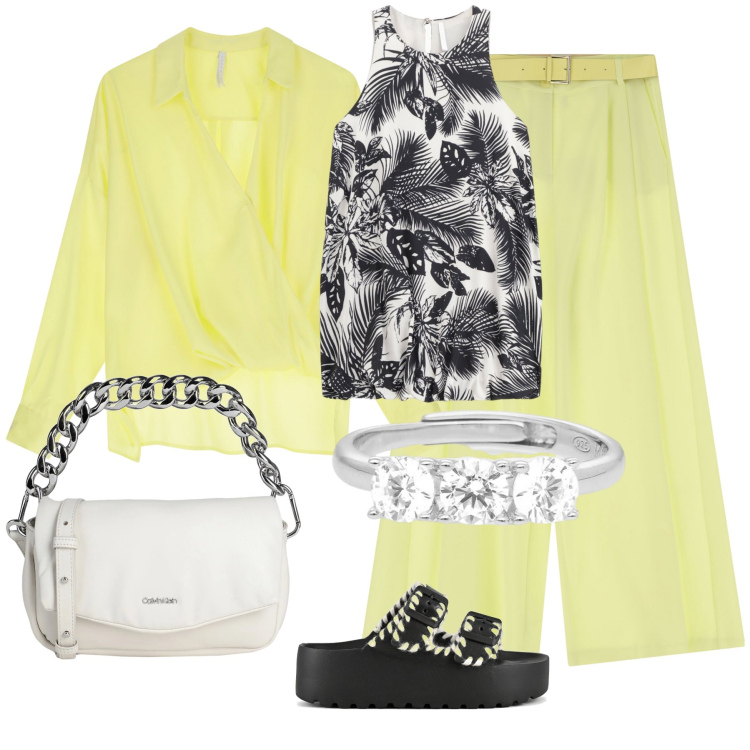 Outfit donna - Total look #2169380. Stile Casual per Tutti i giorni. Abbinamento con borse a mano, anelli, pantaloni a palazzo, bluse, vestiti corti, ciabatte.