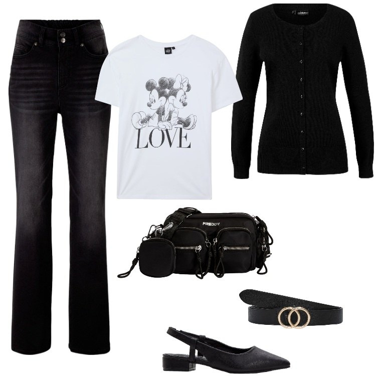 Outfit donna - Total look #2169383. Stile Casual per Tutti i giorni. Abbinamento con jeans bootcut, décolleté, cardigans, t-shirt, cinture, borse a tracolla.