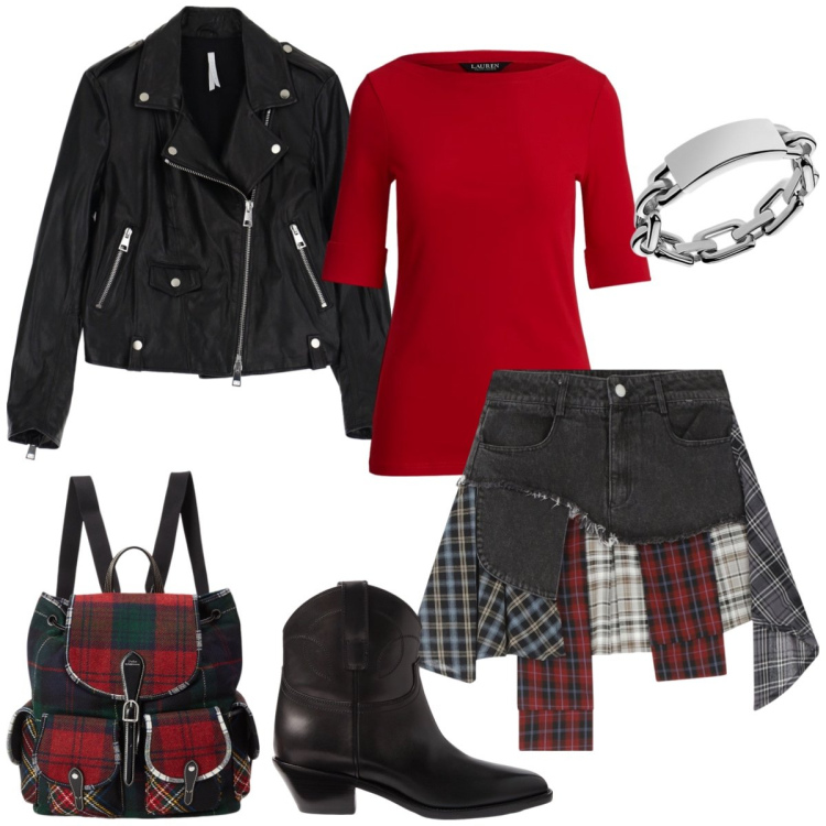 Outfit donna - Concerto rick. Stile Rock per Serata fuori. Abbinamento con giacche, minigonne, anelli, stivaletti, zaini, t-shirt.