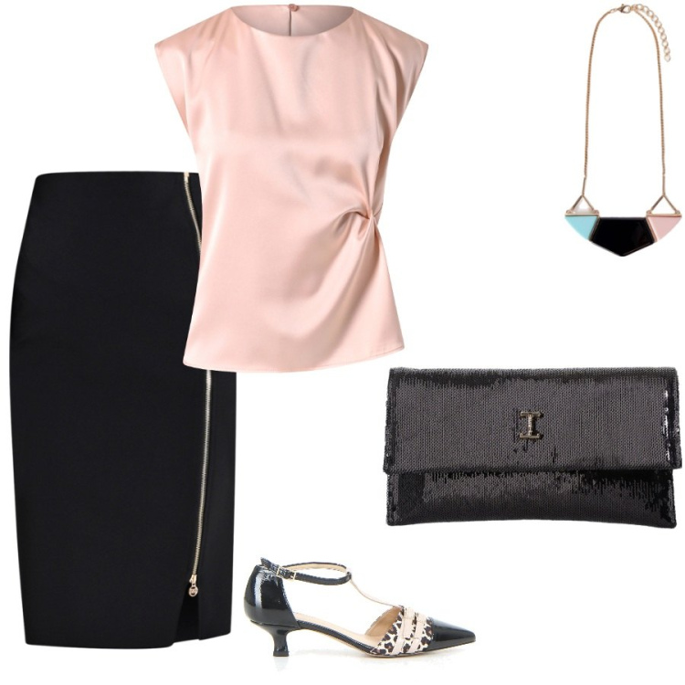 Outfit donna - Semplice ma d\'effetto. Stile Chic per Serata fuori. Abbinamento con gonne, top, borse a tracolla, sandali col tacco, ciondoli.