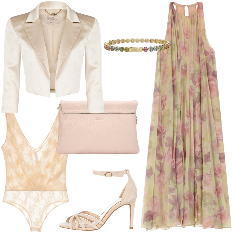 Outfit donna - Seta al tramonto. Stile Romantica per Serata fuori. Abbinamento con braccialetti, bolero, sandali col tacco, vestiti lunghi, body, borse a tracolla.