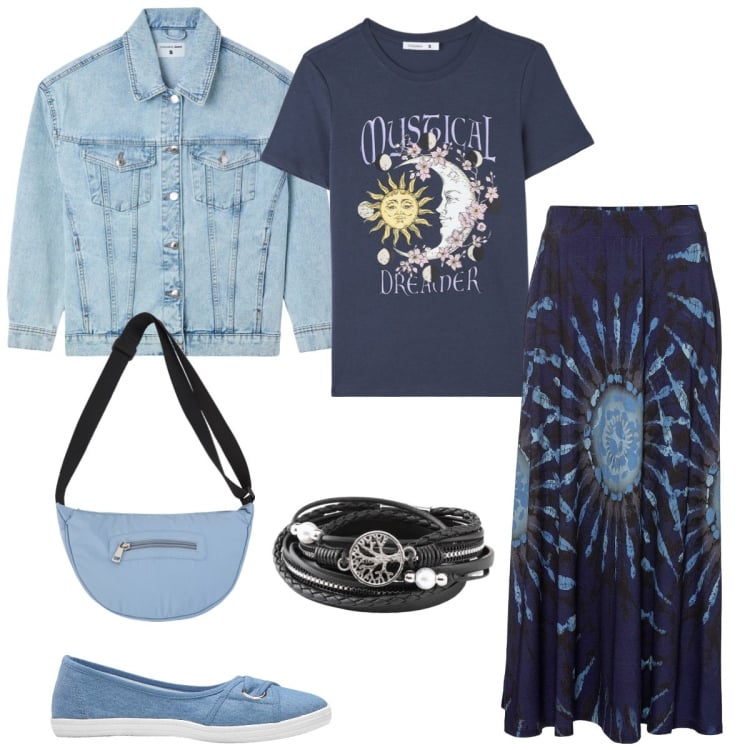Outfit donna - Al concerto. Stile Boho per Serata fuori. Abbinamento con gonne, ballerine, braccialetti, t-shirt, cappotti, borse a tracolla.