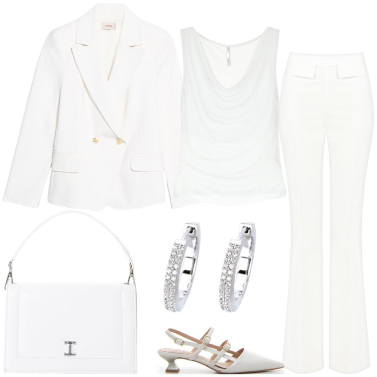 Outfit donna - Bianco puro. Stile Chic per Tutti i giorni. Abbinamento con top, borse a tracolla, orecchini, pantaloni, blazer, décolleté.