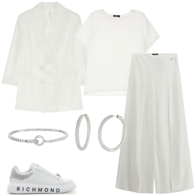 Outfit donna - In bianco. Stile Casual chic per Tutti i giorni. Abbinamento con orecchini, braccialetti, blazer, pantaloni a palazzo, t-shirt, sneakers.