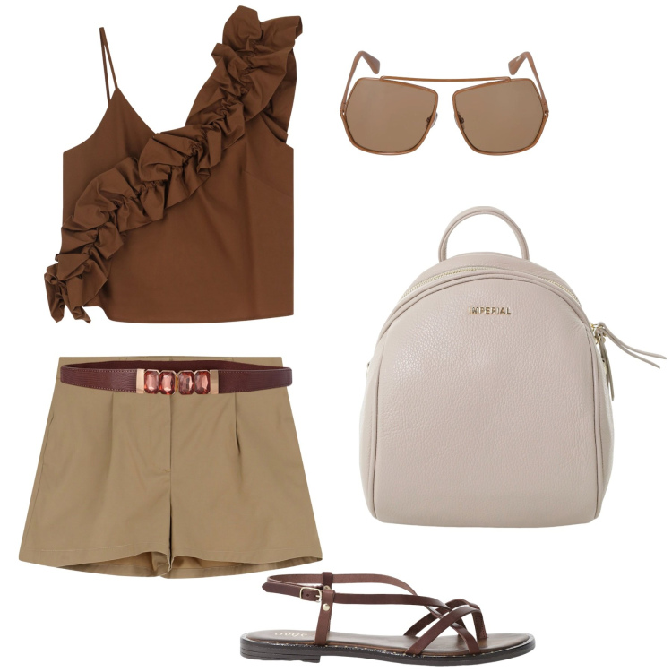 Outfit donna - Marrone in estate. Stile Basic per Tutti i giorni. Abbinamento con shorts, top, zaini, sandali, occhiali da sole, cinture.