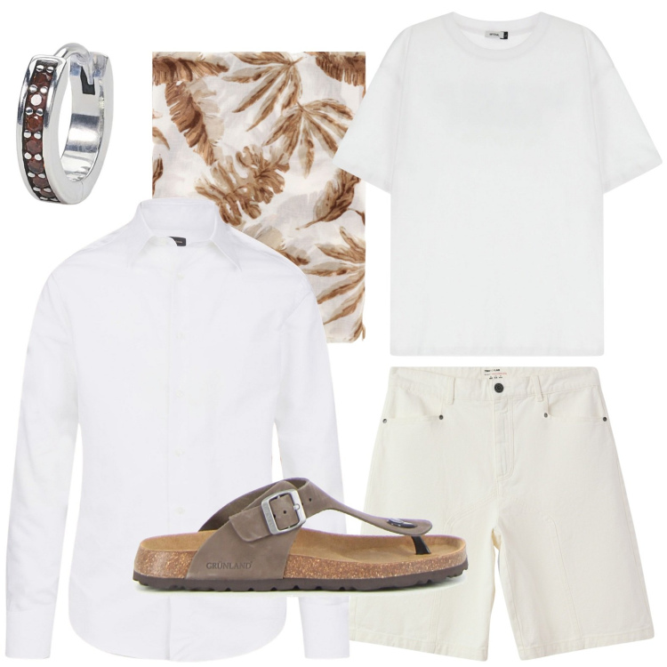 Outfit uomo - Stile coastal con twist. Stile Trendy per Tutti i giorni. Abbinamento con bermuda, orecchini, t-shirt, sciarpe e foulard, camicie, sandali.