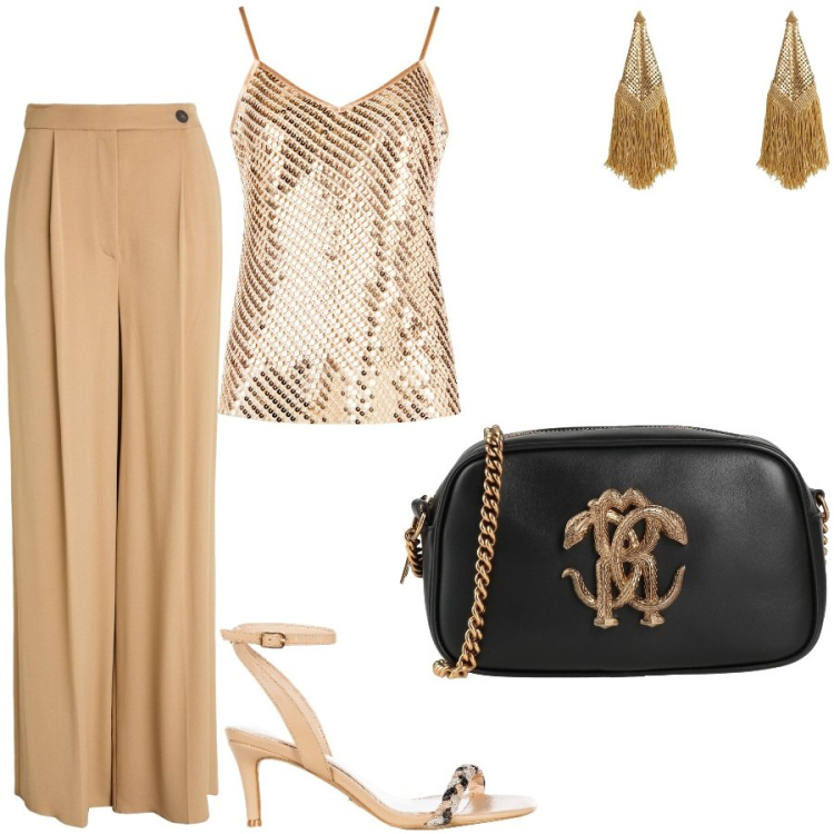 Outfit donna - Per un compleanno speciale. Stile Chic per Serata fuori. Abbinamento con pantaloni, borse a tracolla, orecchini, canottiere, sandali in pelle.