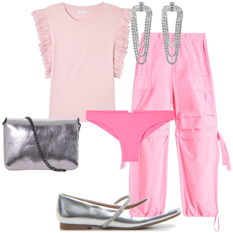 Outfit donna - Rosea passeggiata argentina. Stile Bon Ton per Tutti i giorni. Abbinamento con t-shirt, culotte, orecchini, pantaloni cargo, pochette, ballerine.