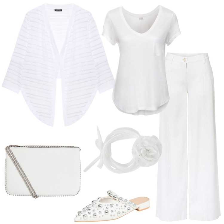 Outfit donna - In bianco. Stile Casual chic per Tutti i giorni. Abbinamento con pantaloni a palazzo, t-shirt, ballerine, collane, borse a tracolla, bolero.