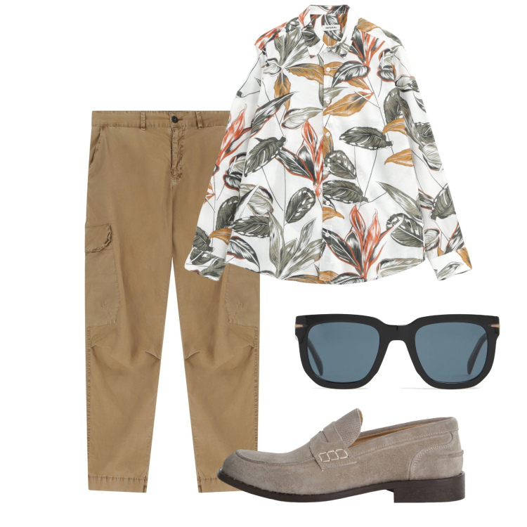Outfit uomo - Maggio. Stile Trendy per Tutti i giorni. Abbinamento con pantaloni cargo, scarpe stringate, camicie, occhiali da sole.