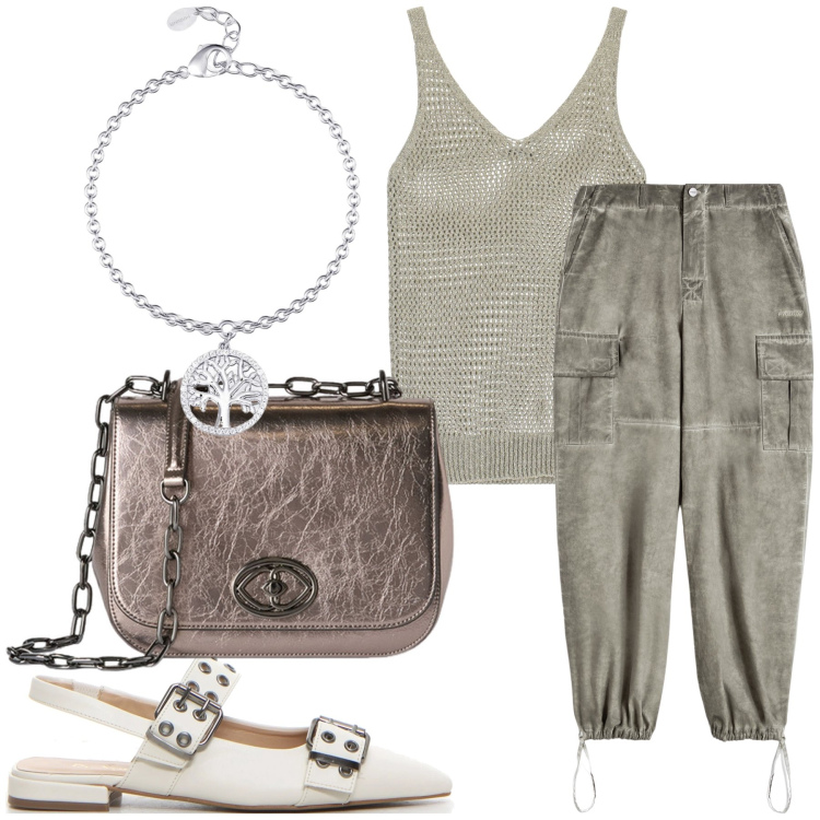 Outfit donna - Cargo e top a spasso. Stile Casual chic per Tutti i giorni. Abbinamento con braccialetti con ciondoli, canottiere, pantaloni cargo, borse a tracolla, décolleté.