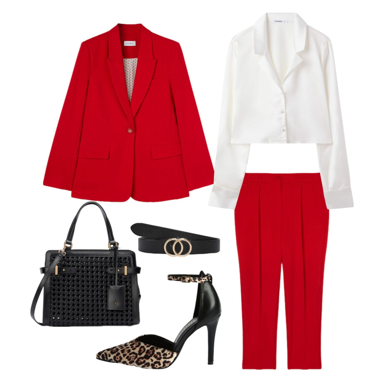 Outfit donna - "Power Chic in Rosso" Un titolo che esp. Stile Chic per Serata fuori. Abbinamento con décolleté, camicie, cinture, borse a mano, pantaloni, blazer.