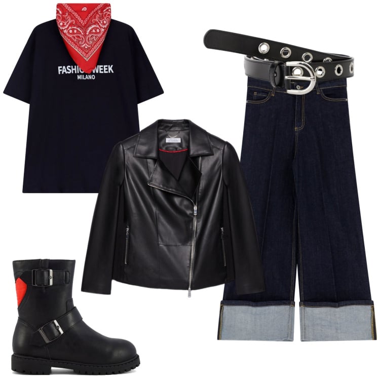 Outfit donna - Rock a Maggio. Stile Rock per Tutti i giorni. Abbinamento con cinture, jeans, t-shirt, stivaletti, blazer.