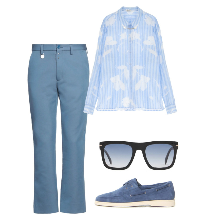 Outfit uomo - Cielo. Stile Casual per Tutti i giorni. Abbinamento con pantaloni chino, camicie, occhiali da sole, scarpe stringate.
