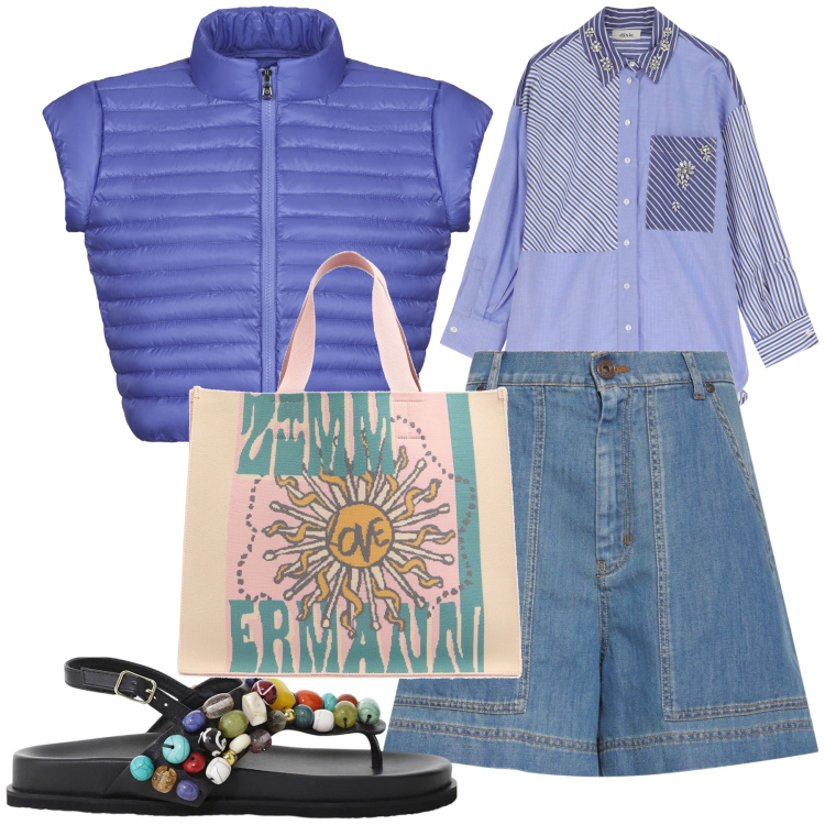 Outfit donna - Al supermercato dí sabato. Stile Trendy per Tutti i giorni. Abbinamento con camicie, sandali gioiello, blazer, bermuda, shopping bag.