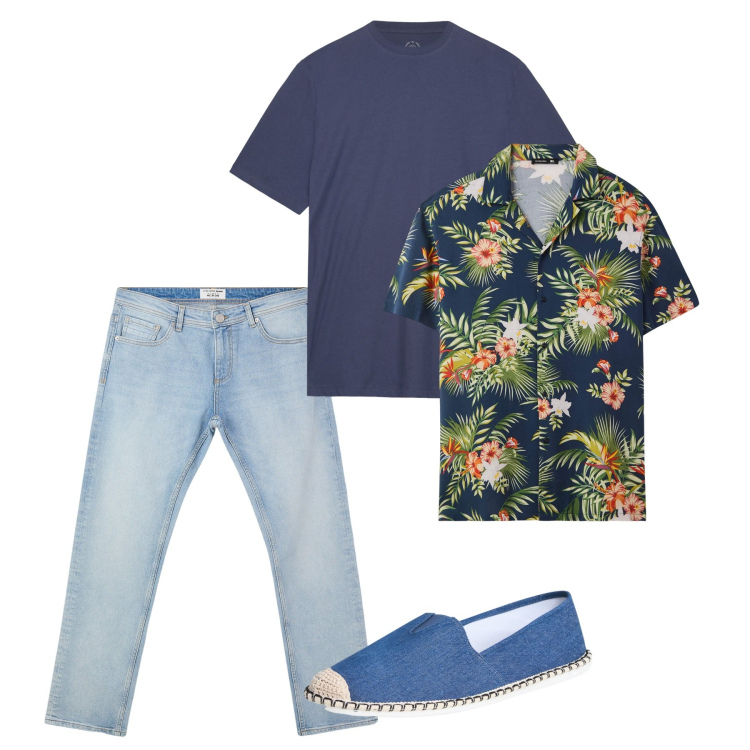 Outfit uomo - Blu. Stile Casual per Tutti i giorni. Abbinamento con jeans, camicie a manica corta, espadrillas, t-shirt.