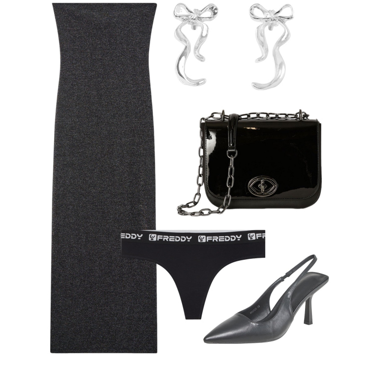 Outfit donna - Serata wow super risparmiosa. Stile Glamour per Serata fuori. Abbinamento con orecchini, vestiti lunghi, décolleté, perizomi, borse a tracolla.