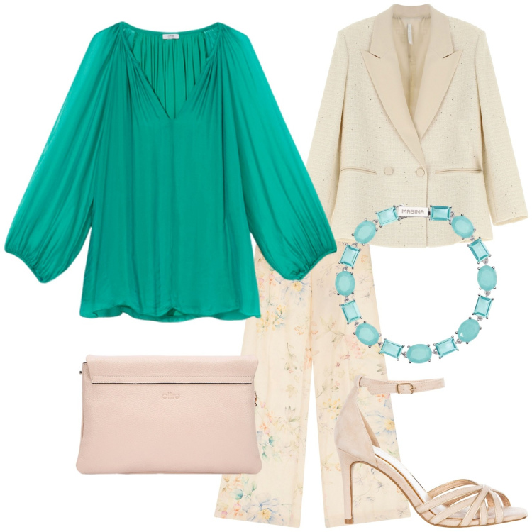 Outfit donna - Una blusa al tramonto. Stile Chic per Serata fuori. Abbinamento con blazer, pantaloni, braccialetti, sandali col tacco, bluse, borse a tracolla.