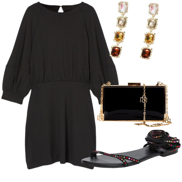 Outfit donna - Semplicemente sabato sera. Stile Chic per Serata fuori. Abbinamento con sandali alla schiava, pochette, orecchini, vestiti corti.