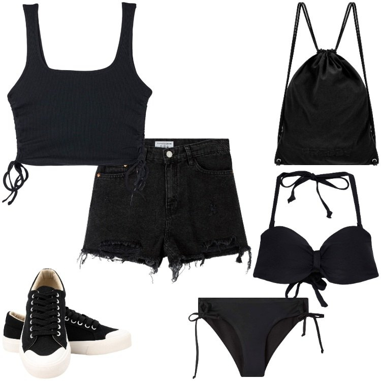 Outfit donna - Mare rock. Stile Rock per Mare. Abbinamento con shorts, canottiere, bikini, bikini, zaini, sneakers.