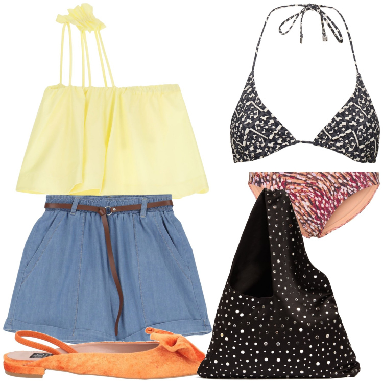 Outfit donna - Glamour e firmata spiaggia mix. Stile Trendy per Mare. Abbinamento con ballerine, shorts, top, borse a spalla, bikini, bikini.