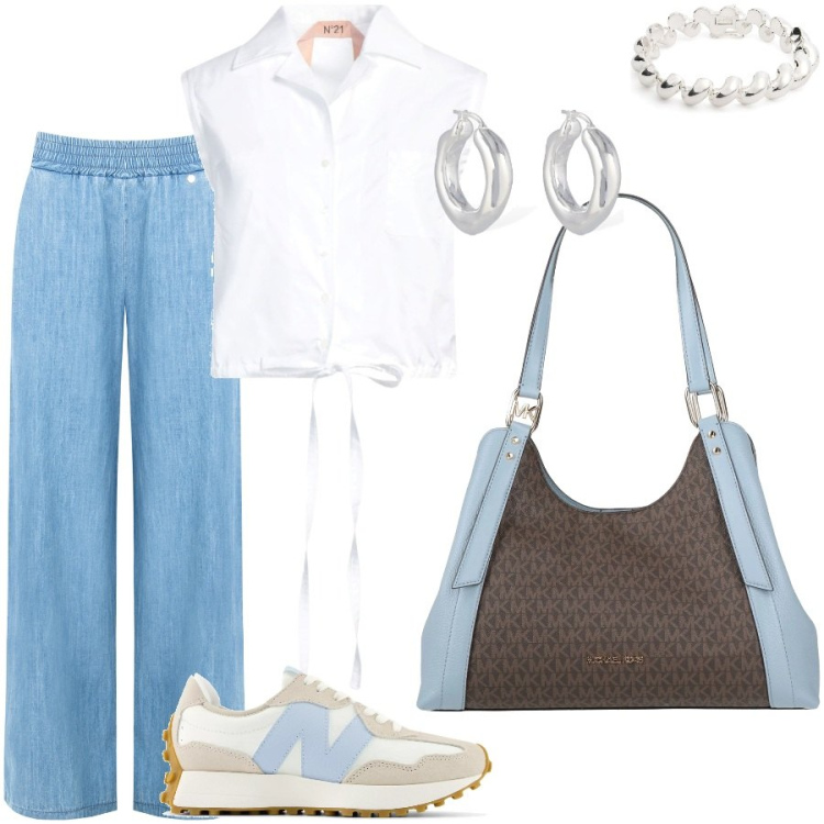 Outfit donna - I jeans Rinascimento. Stile Casual chic per Ufficio. Abbinamento con camicie, borse a mano, sneakers, jeans dritti, braccialetti, orecchini.