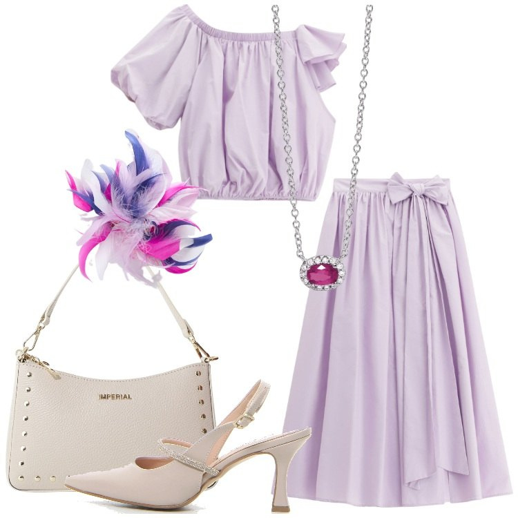 Outfit donna - Lilla per la cerimonia. Stile Romantica per Cerimonia. Abbinamento con collane, gonne lunghe, top, borse a spalla, décolleté, accessori per capelli.